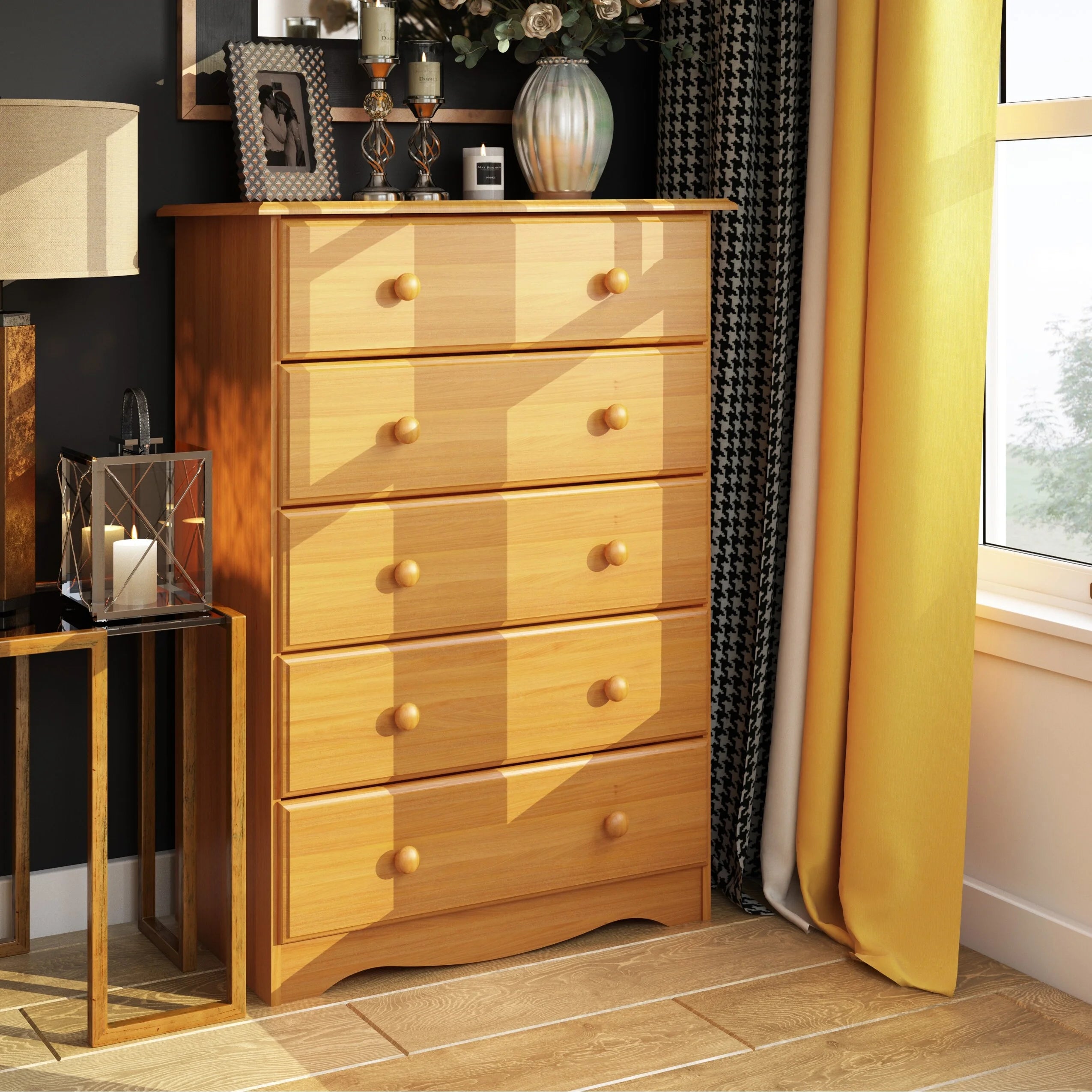 Palace Imports  100% Solid Wood 5-Drawer Chest with Metal or Wooden Knobs Honey Pine Stained Medium Wood